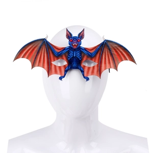 Close-up of a blue and red bat-shaped mask for Halloween, shown on a white model head