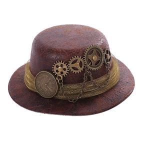 Detail of steampunk mini hat featuring gear accents, metal chains and a Roman clock dial