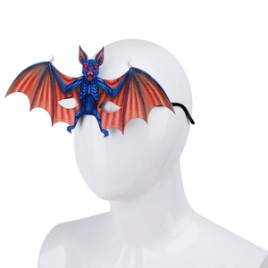 Detailed view of bat mask with orange wings and red eyes for Halloween costume party