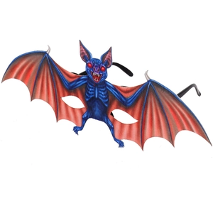 Blue bat-shaped Halloween mask glasses with red eyes, fangs, and orange-red wings