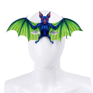 Detailed close-up of blue and green bat mask with red eyes for Halloween cosplay