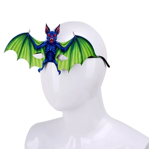 Close-up of blue and green bat mask for Halloween with red eyes and elastic strap