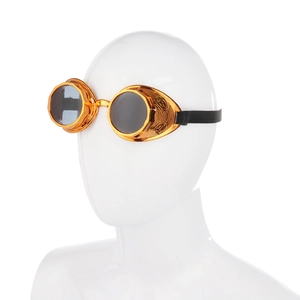Detailed relief patterns on antique gold steampunk goggles with black round lenses