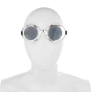 Front view of silver steampunk goggles with dark grey lenses on a white display head
