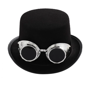 Black steampunk top hat with metallic silver goggles for gothic cosplay and stage costumes