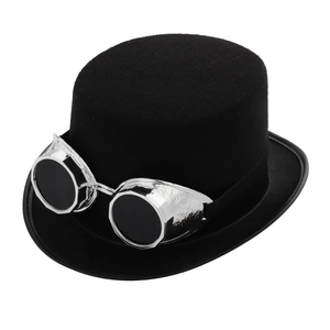 Steampunk black top hat with silver goggles featuring detailed mechanical gear relief