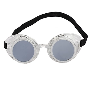 Detail of silver steampunk goggles with octagonal frames and embossed relief patterns