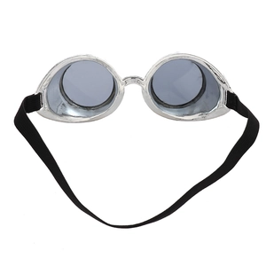 Detail of silver steampunk goggles with smoke lenses and adjustable black head strap
