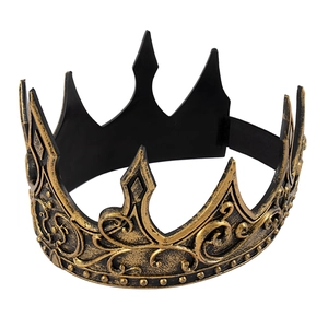 Detailed close-up of retro black and gold medieval king crown with elastic strap
