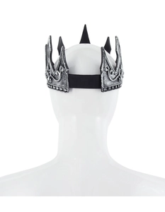 Detail view of the black elastic strap and embossed texture on the medieval crown headpiece