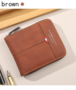 Detailed view of brown leather wallet with zipper closure and brand logo on wooden tray