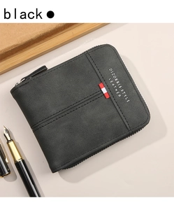 Detailed top view of black matte leather men's wallet with L-shaped zipper and blue ribbon