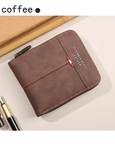 Close-up of brown textured leather men's wallet with zipper and red white blue trim