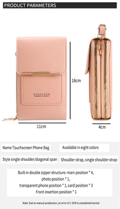 Pink touch screen crossbody phone bag detail with dimensions 11cm x 18cm x 4cm on white background