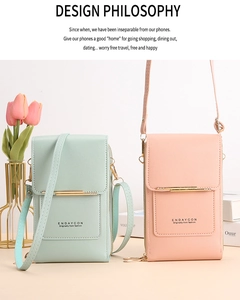 Litchi pattern PU leather phone bag detail with gold metal bar and dual zipper