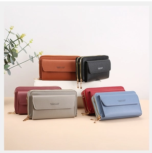 Detailed view of six color options for the long leather crossbody cell phone wallet