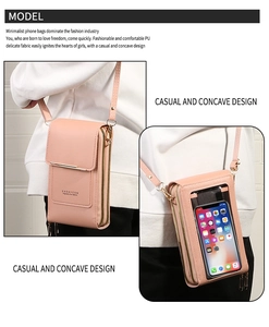 Pink PU leather crossbody phone bag with triple zippers and clear touchscreen window