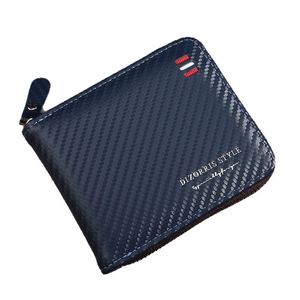 Men's navy blue carbon fiber texture wallet with L-shaped zipper and card storage