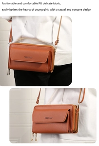 Detail view of brown PU leather crossbody phone bag with double zippers and strap