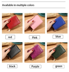 Dual-zipper RFID card holder wallet for women in multiple vibrant leather colors