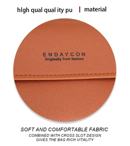 Detail of brown lychee-patterned PU leather crossbody bag with brand logo and stitching