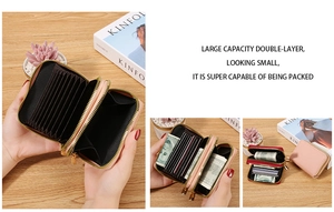 Detail of double-layer card holder with accordion slots in pink and red leather