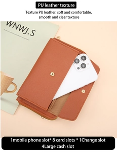 Brown PU leather long wallet with 8 card slots, phone pocket, and double zipper detail