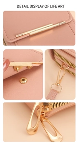 Detail display of pink lychee grain PU leather crossbody bag with gold hardware and rhinestones