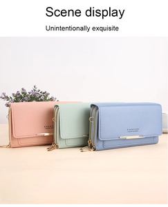 Three long litchi-grain wallets in pink, mint green, and blue with gold zippers and hardware