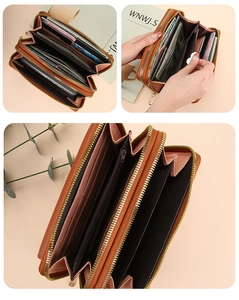 Detailed view of orange crossbody phone wallet with multi-card slots and dual zippers