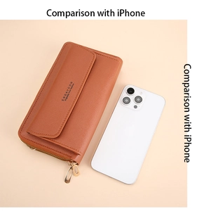 Crossbody phone wallet shown next to an iPhone for precise size comparison
