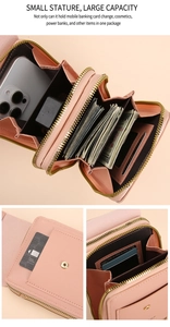 Internal view of pink crossbody phone bag showing triple zipper layers and card slots