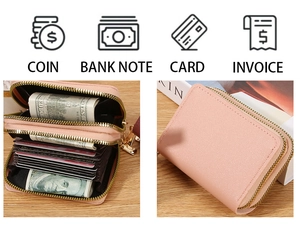 Pink PU leather wallet detail showing dual zippers and internal card slot storage