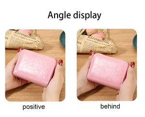 Front and back view of a pink RFID leather wallet on a rustic wooden table detail