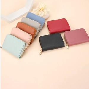 Multi-slot leather card holder wallets in eight colors with gold zipper hardware