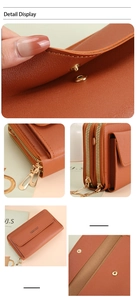 Detail view of brown leather crossbody phone wallet with gold zippers and layered slots