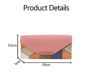 Detail view of long patchwork wallet showing its 19cm length and mixed texture leather