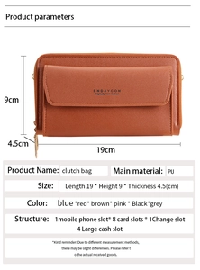 Detailed size chart and internal structure for the brown long PU leather clutch bag