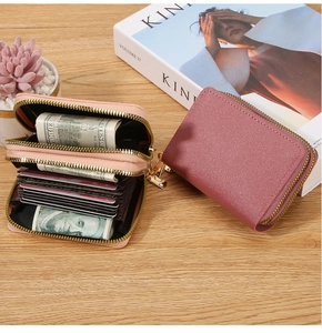 Detailed close-up of double-zippered leather card holder with multiple accordion slots