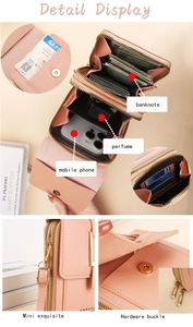 Dettaglio borsa porta cellulare rosa in pelle PU con scomparti interni e fibbie metalliche