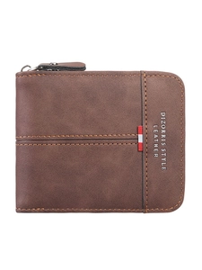 Brown frosted leather men's short wallet with L-shaped zipper and tricolor ribbon detail