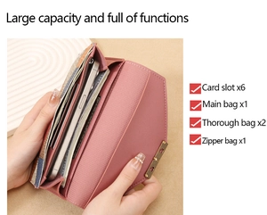 Detail view of pink long wallet interior with 6 card slots and phone pocket