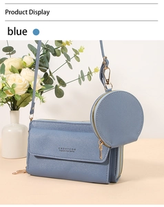 Blue mini crossbody phone bag with double zipper and round coin pouch detail