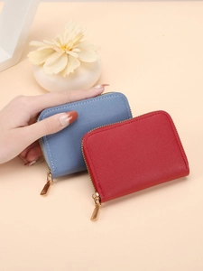 Litchi pattern RFID leather card holders in red and blue with gold zippers