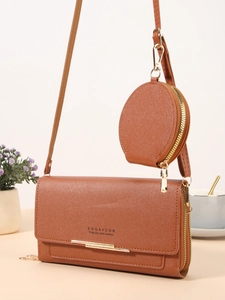 Women Crossbody Phone Bag Long Wallet PU Leather Litchi Grain With Small Round Coin Purse Gold Zipper Multi-card Slots