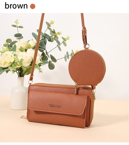 Brown long crossbody phone bag set with round coin purse and elegant flower background