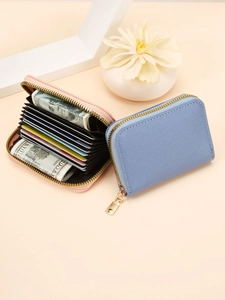 Pink and blue leather accordion card holder wallet with 11 slots and gold metal zipper