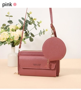 Pink crossbody phone bag with detachable round coin purse and printed fashion logo