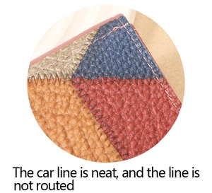 Close-up of multicolor lychee grain leather wallet with neat pink stitching details