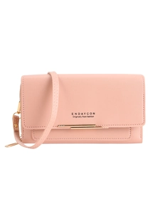 Pink PU leather crossbody phone wallet for women with gold trim and shoulder strap